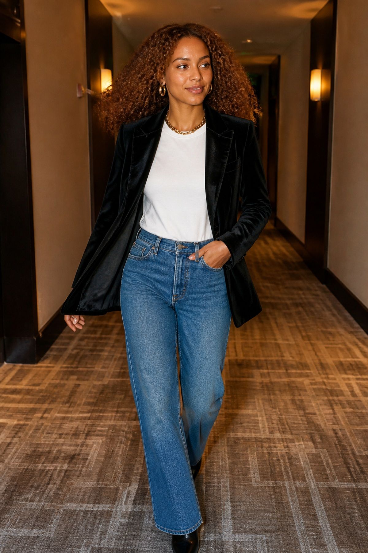 Woman wearing a velvet blazer with a white tee, a casual Christmas Eve outfit