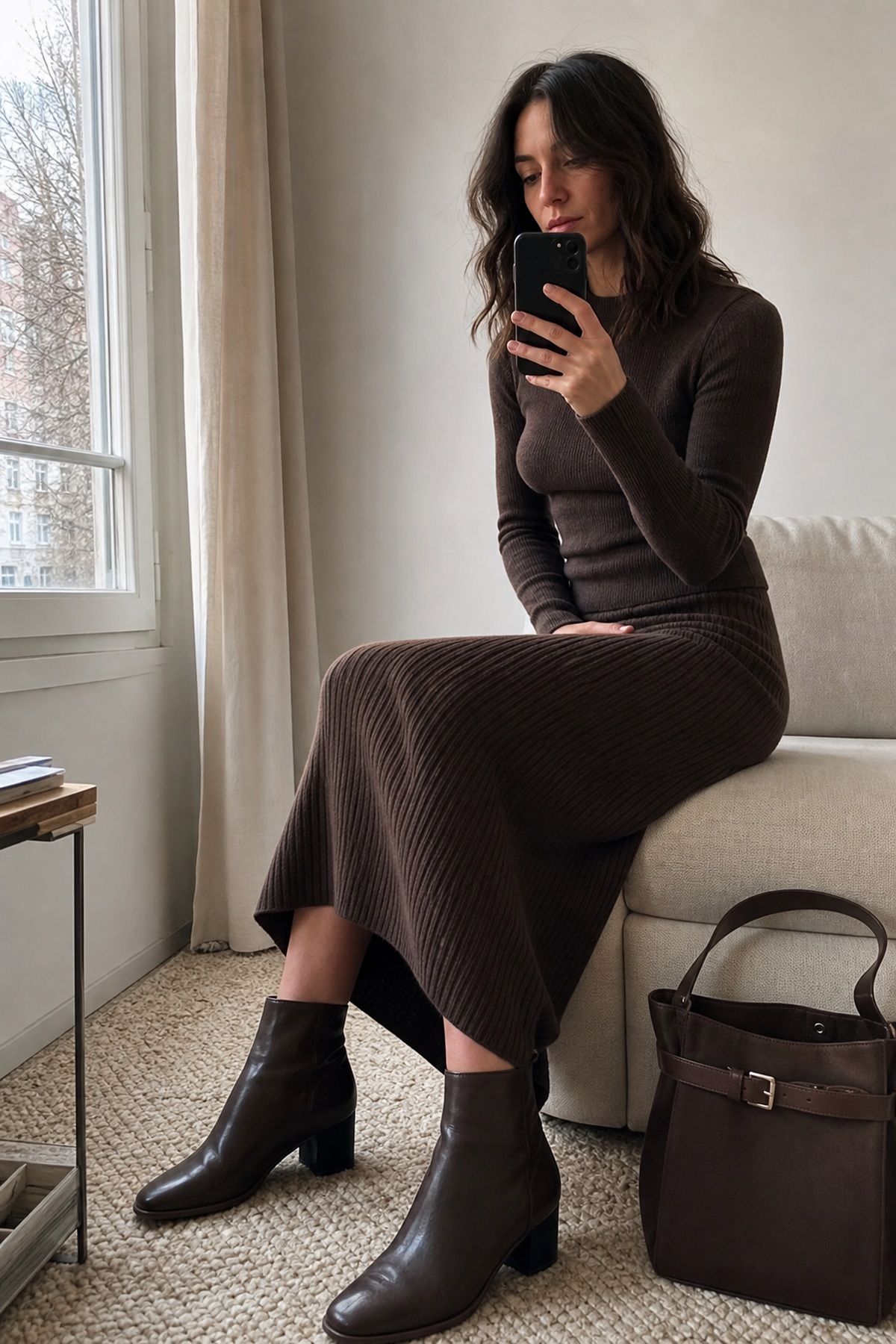 Woman wearing a knit midi skirt with a fitted sweater, a casual Christmas Eve outfit