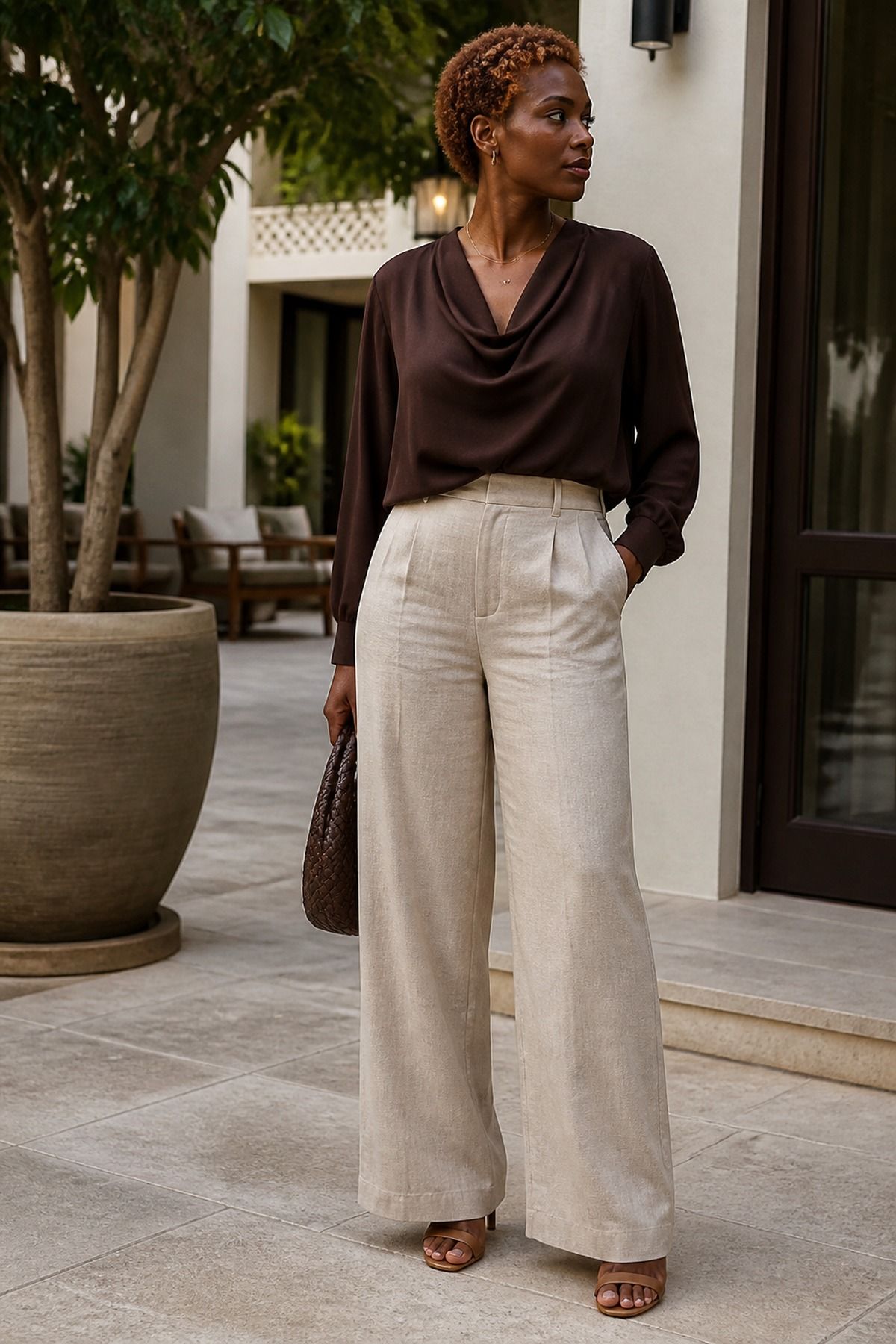linen-blend wide-leg pants with a draped blouse casual wedding guest outfit