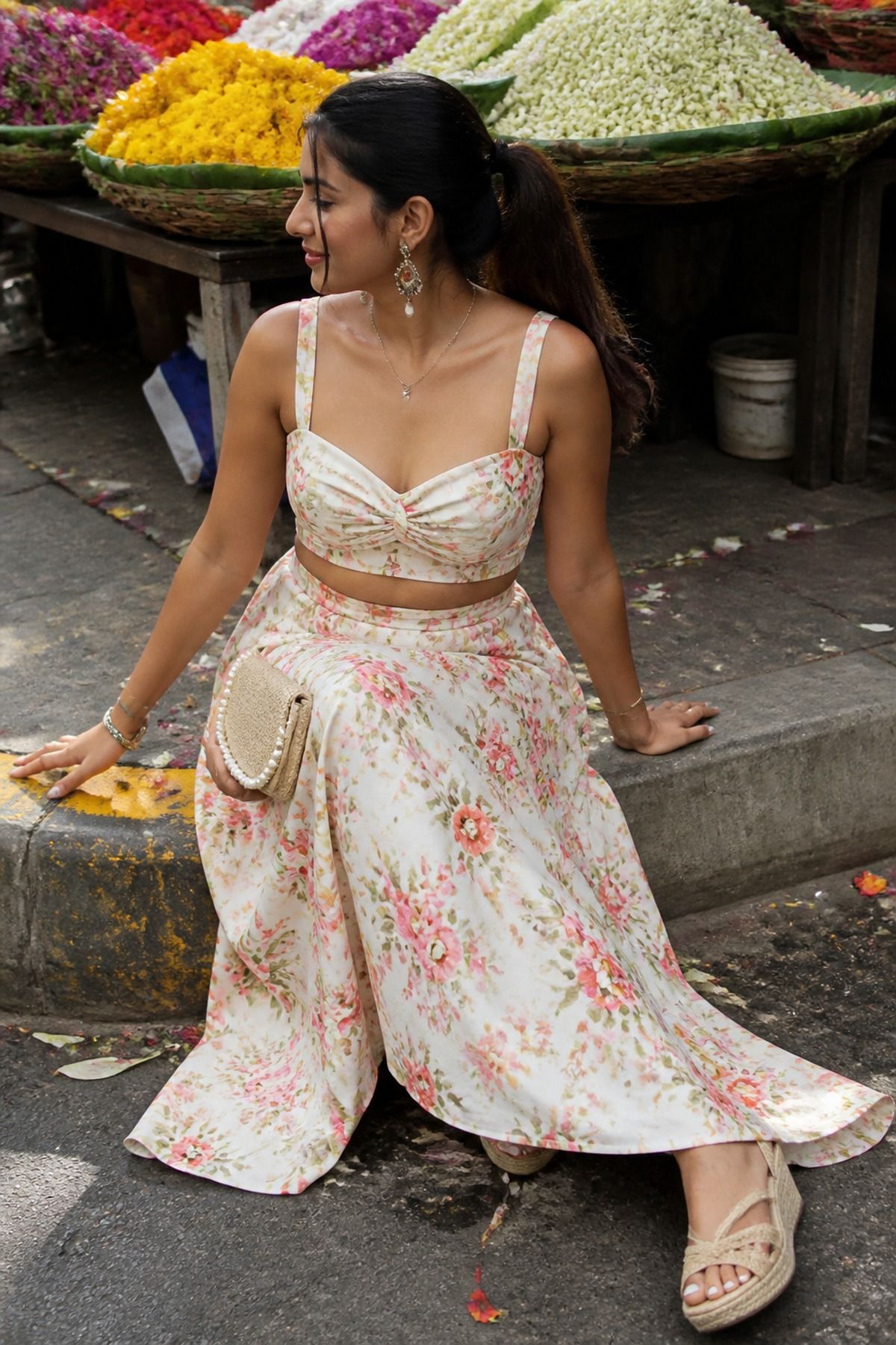 floral skirt set with low wedges casual wedding guest outfit