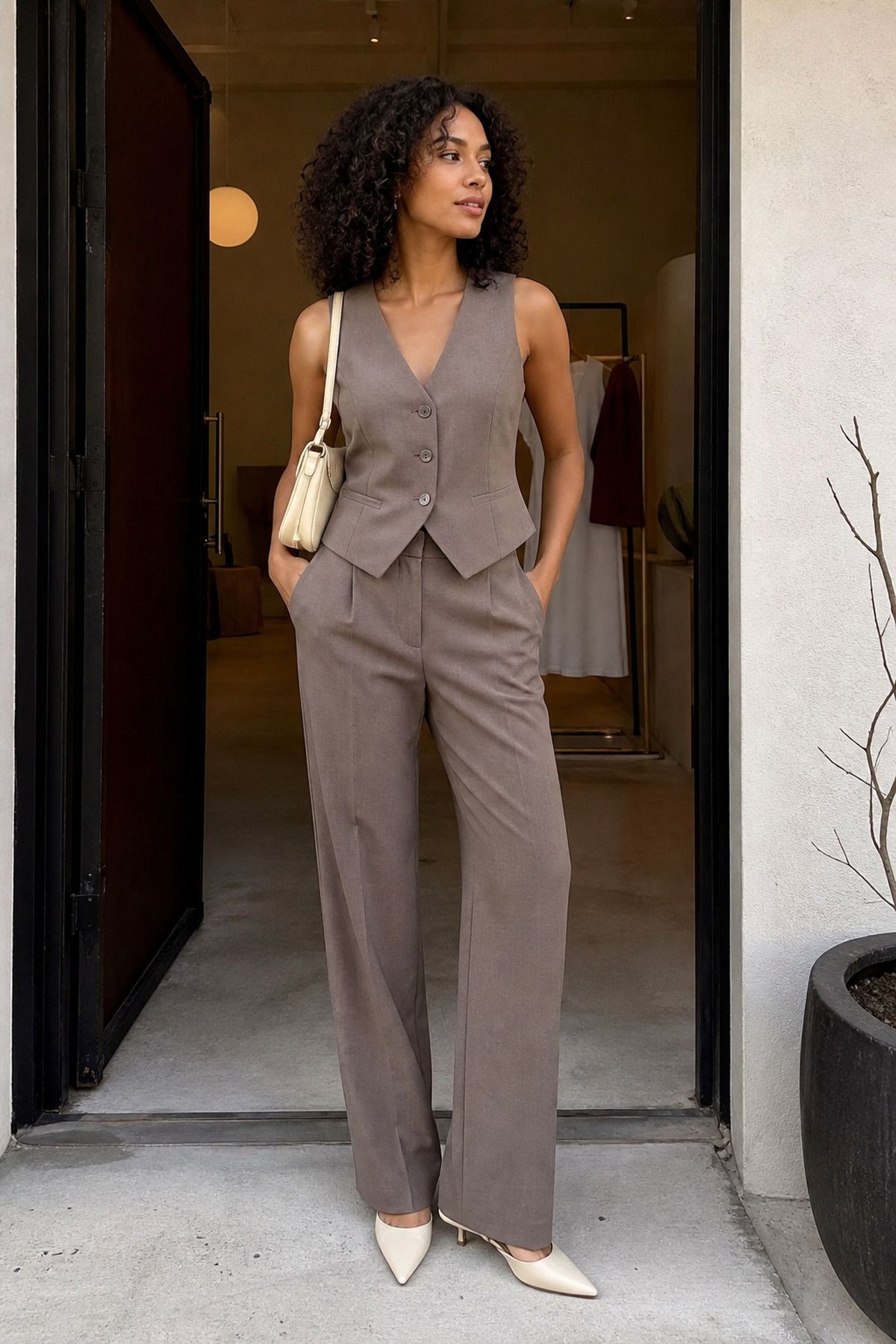 tailored vest and trousers in a warm neutral casual wedding guest outfit