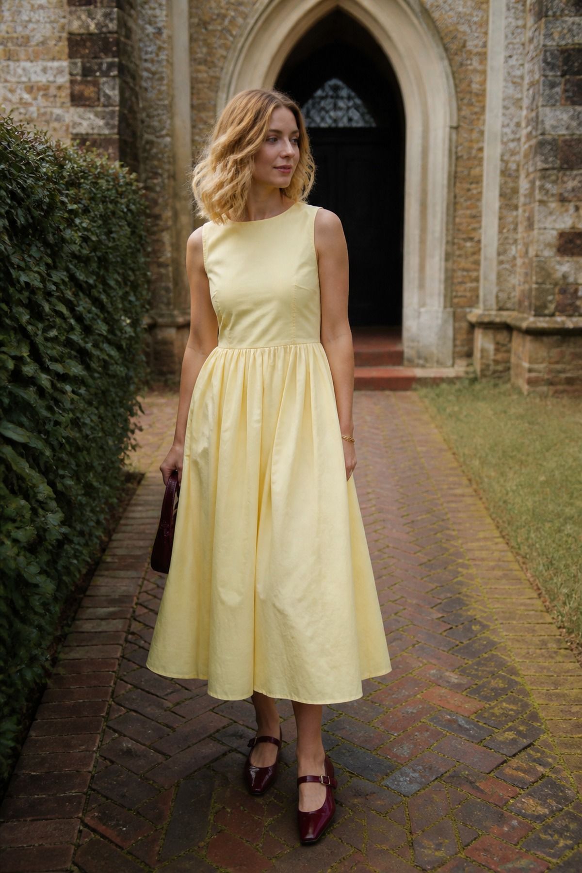 tea-length poplin dress with mary jane heels casual wedding guest outfit