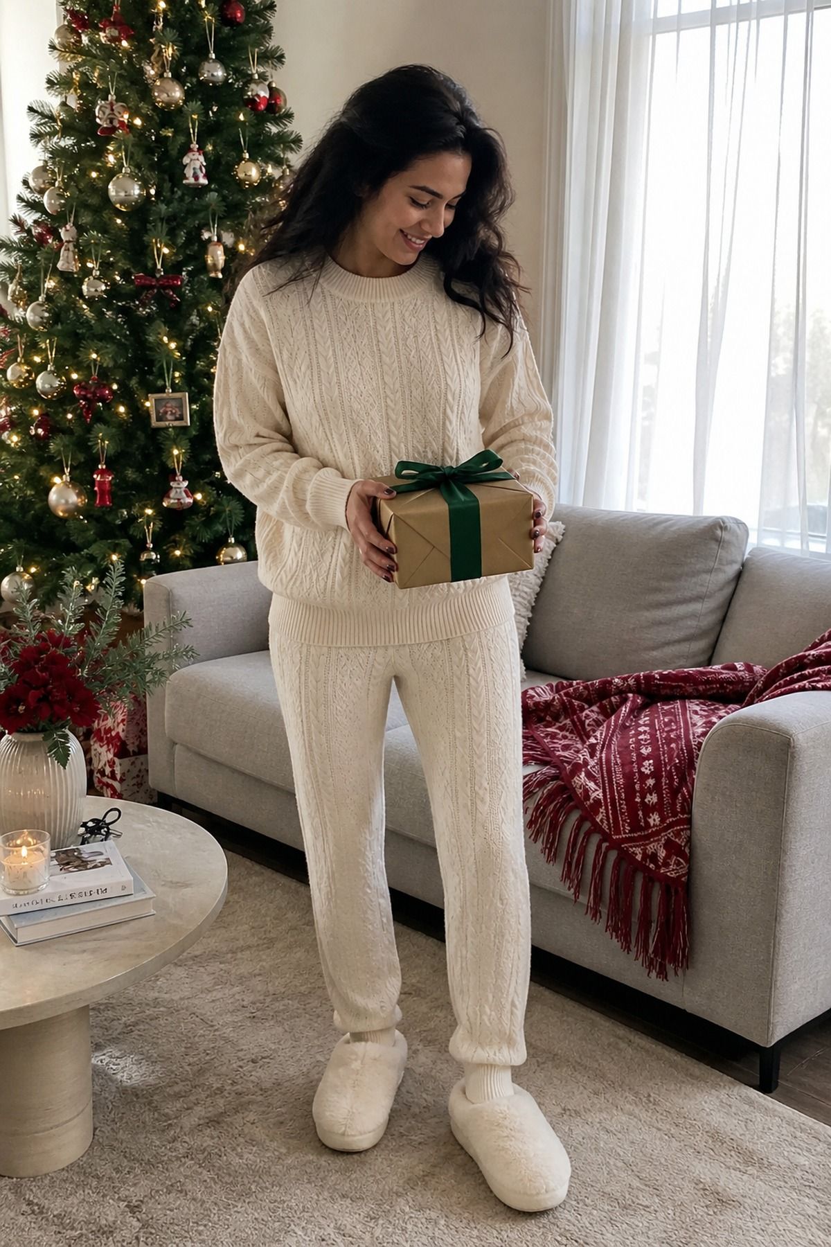 Woman wearing a cable knit lounge set with soft slippers, a Christmas morning outfit