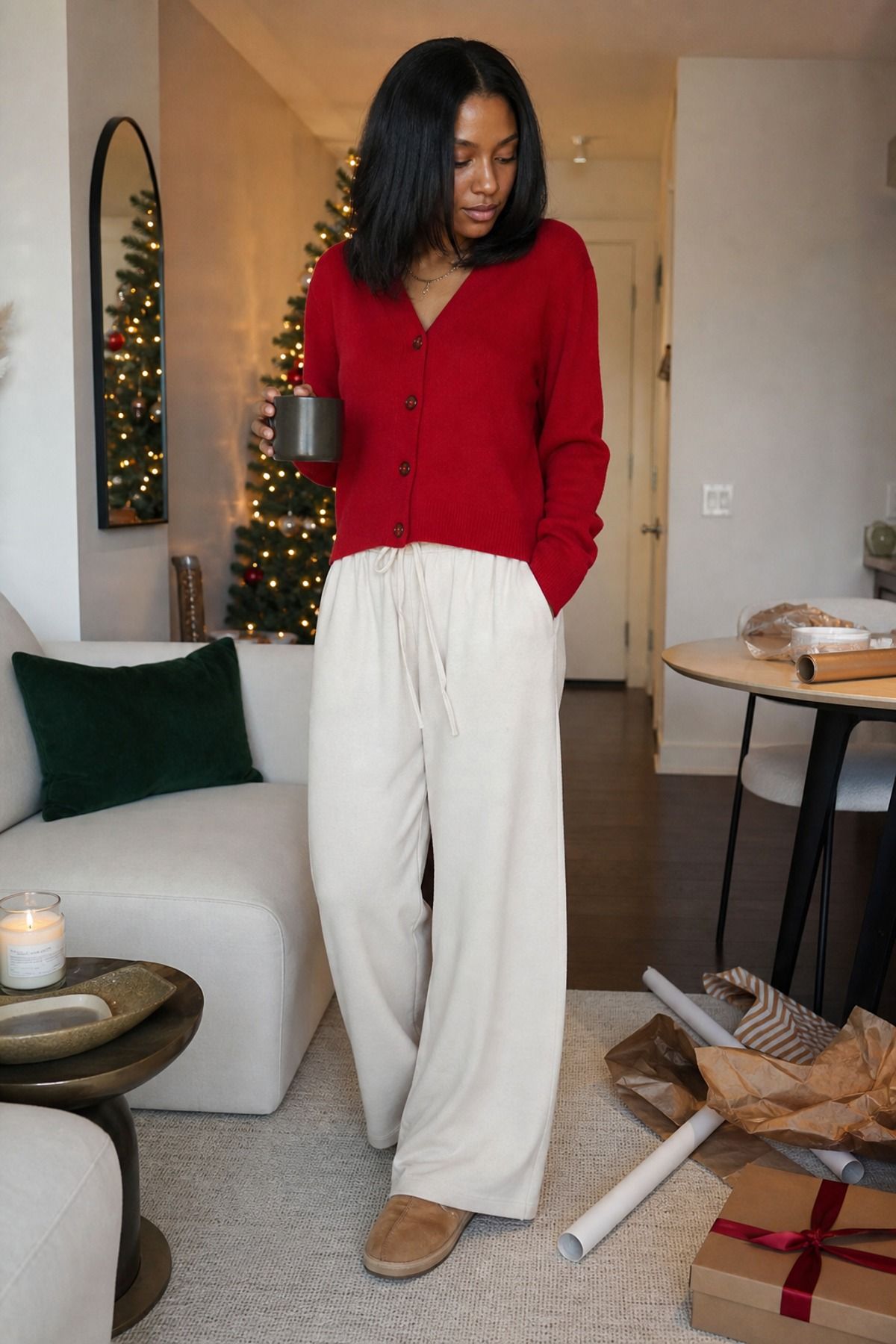 Woman wearing a red cardigan with wide-leg lounge pants, a Christmas morning outfit