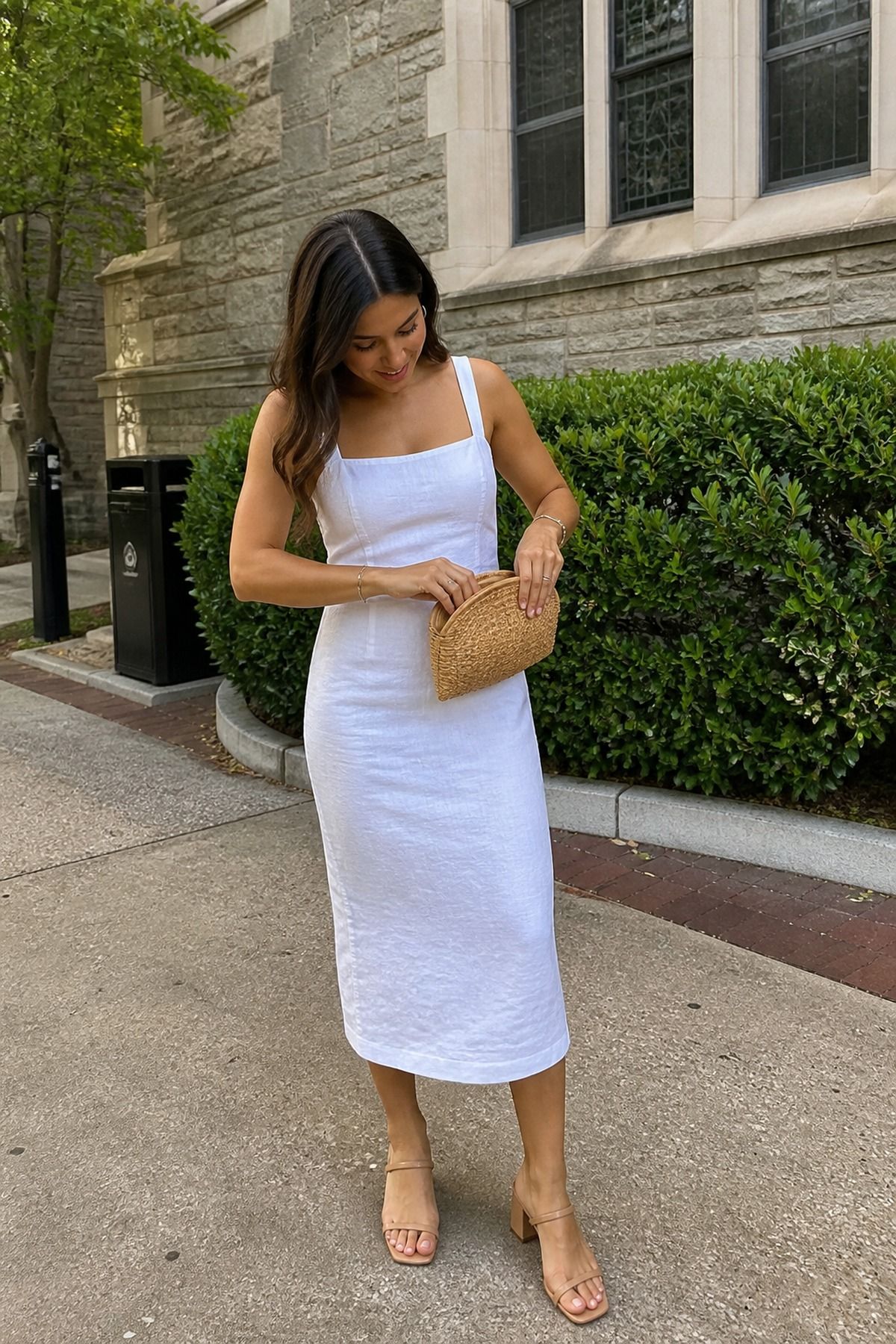 White Linen Midi Dress With Block-Heel Sandals graduation outfit idea