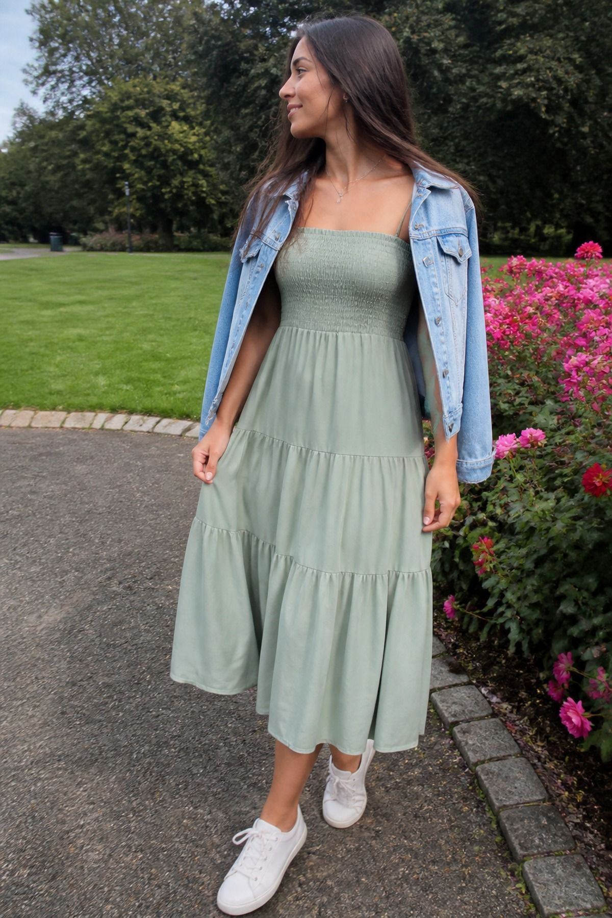 Smocked Midi Dress With a Denim Jacket
