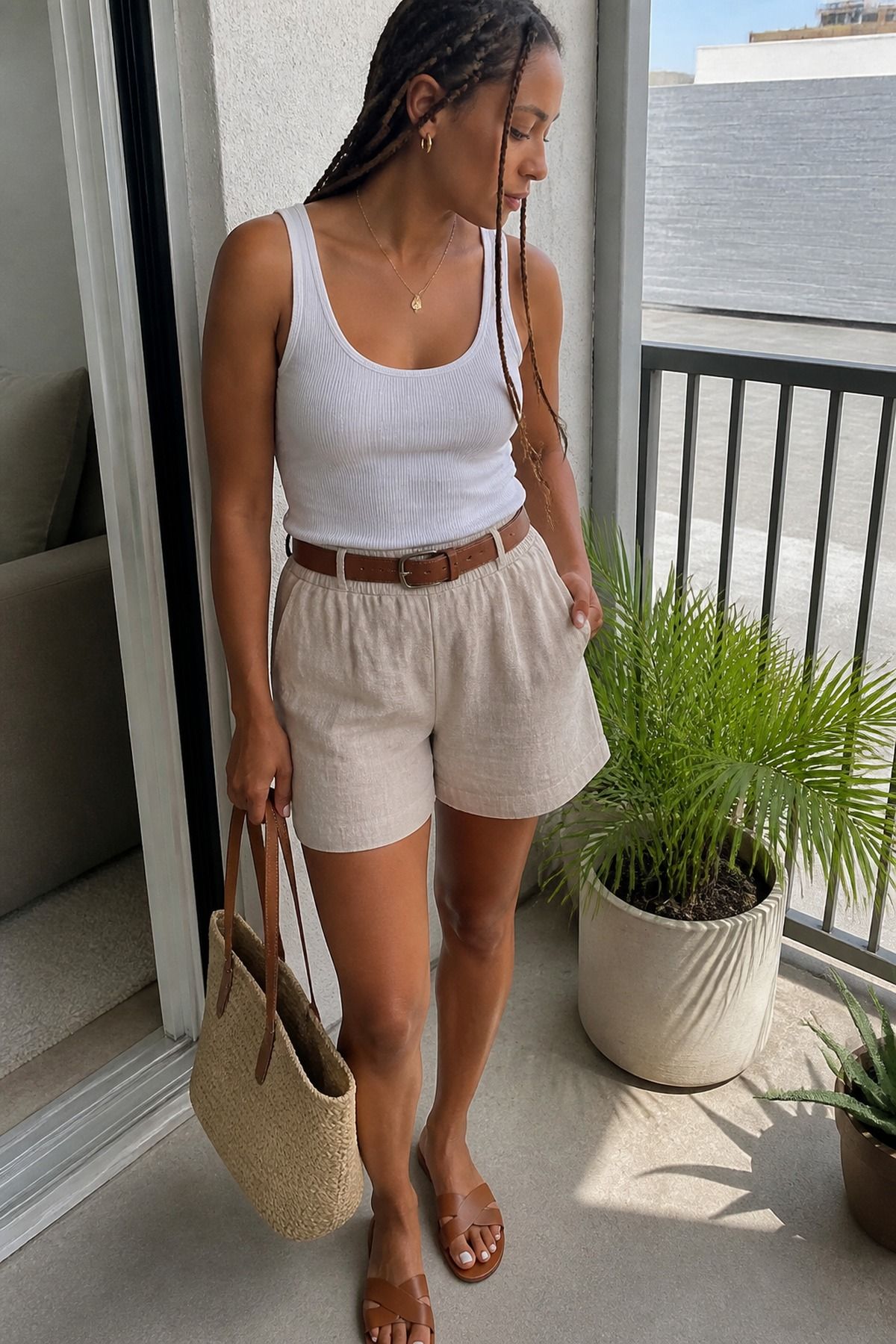 White Tank With Pull-On Linen Shorts