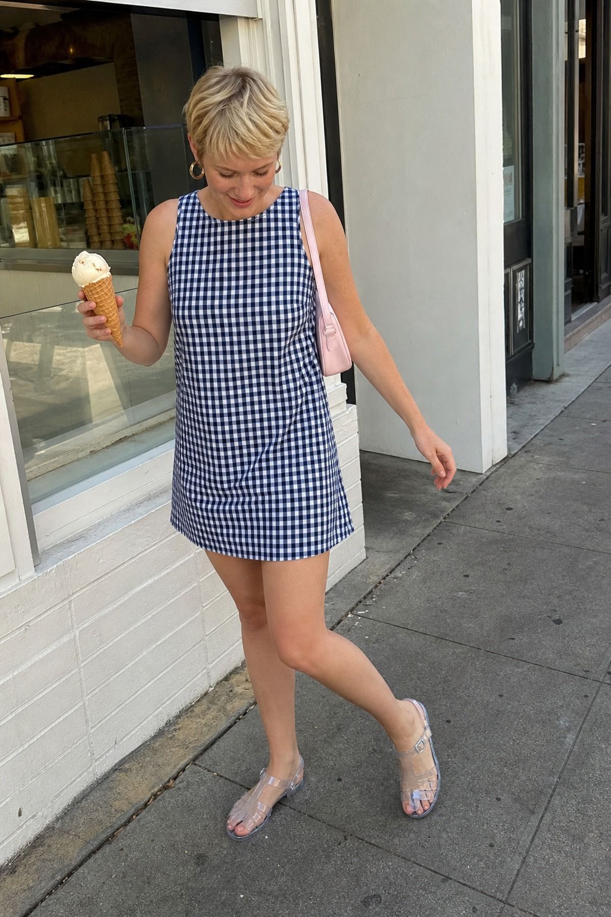 Gingham Shift Dress With Jelly Sandals