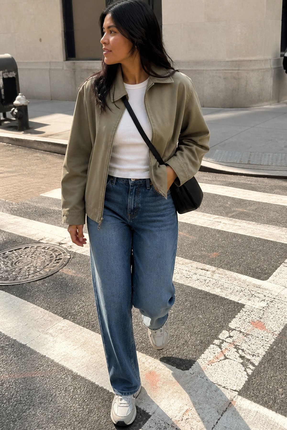 Harrington Jacket With a Ribbed Tee and Jeans