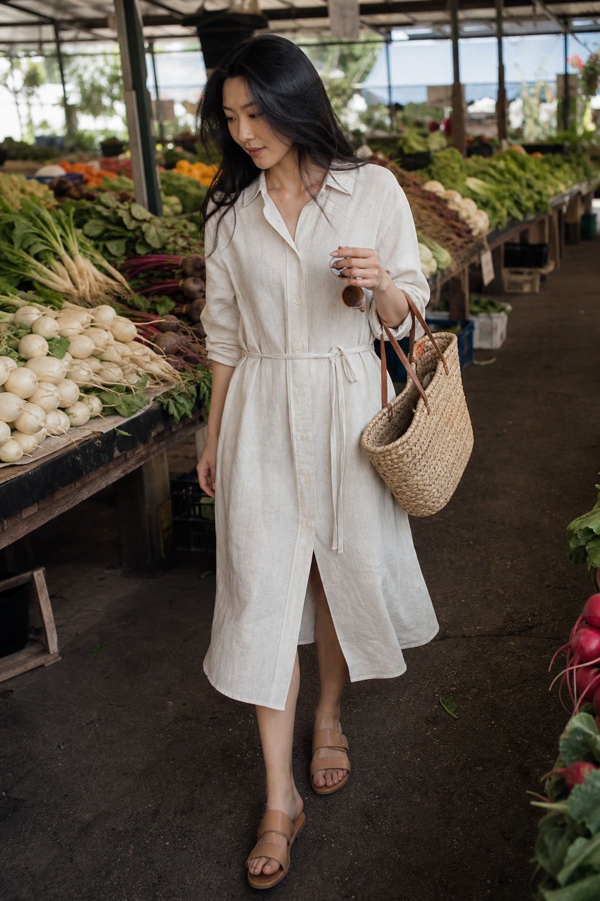 Linen Shirt Dress With a Woven Tote