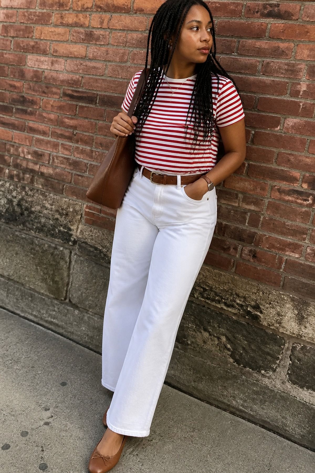 Striped Tee With White Wide-Leg Jeans