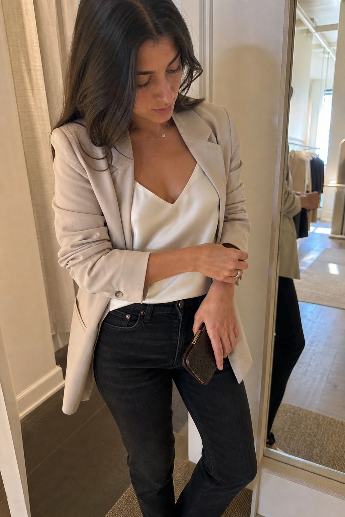 Woman wearing a washable silk cami