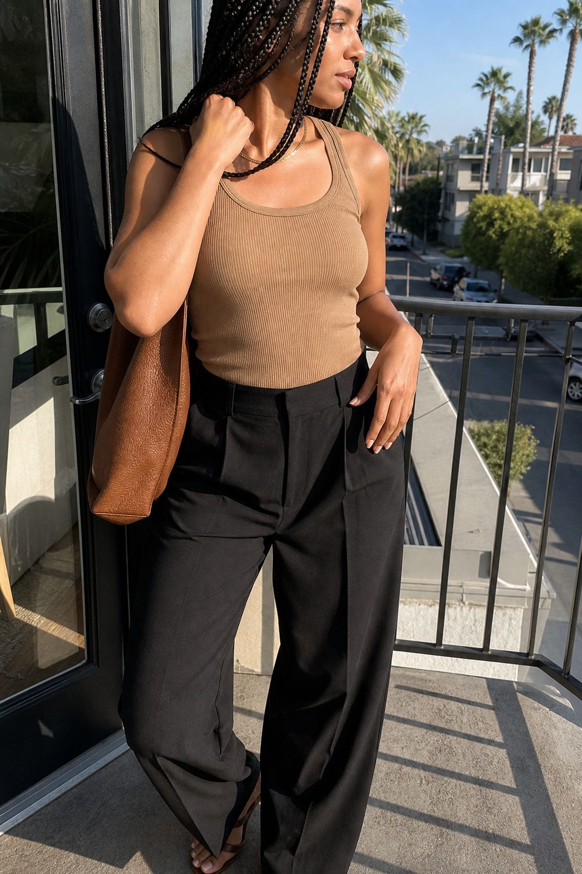 Woman wearing a ribbed tank