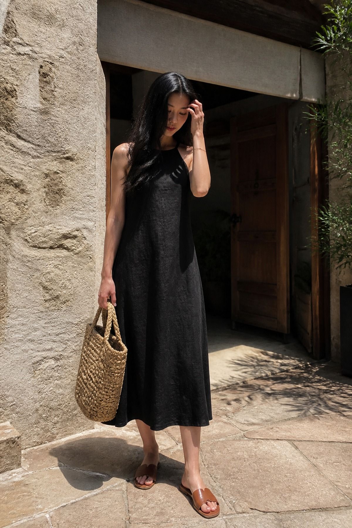 Woman wearing a linen midi dress