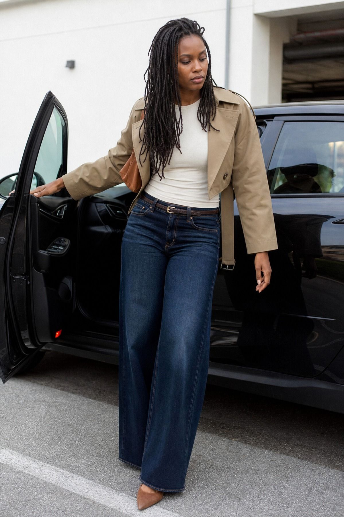 Woman wearing stretch wide-leg jeans