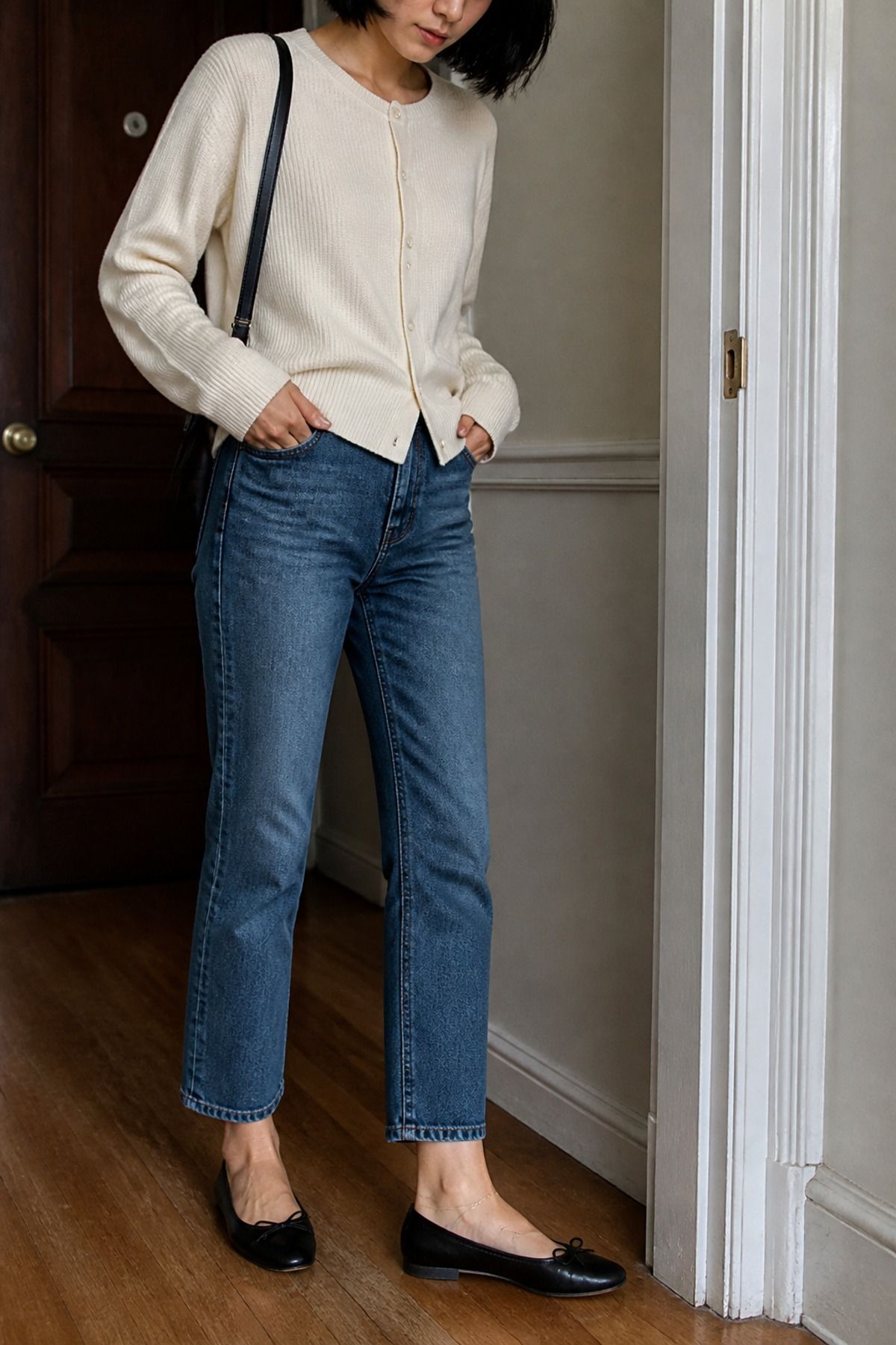 Woman wearing leather ballet flats