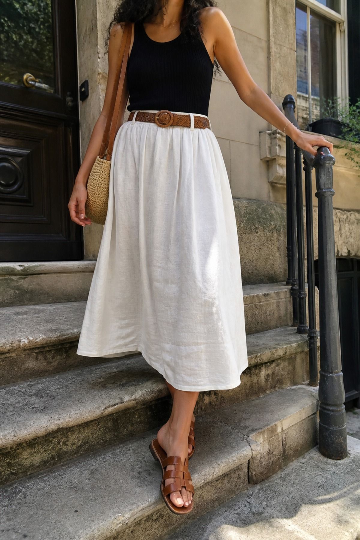 Woman wearing leather sandals