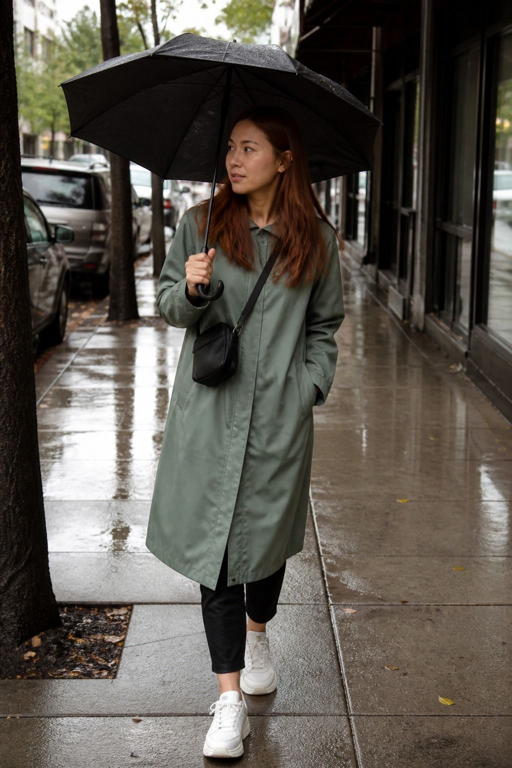 Woman wearing lightweight raincoat with ankle pants and waterproof sneakers for a spring travel outfit
