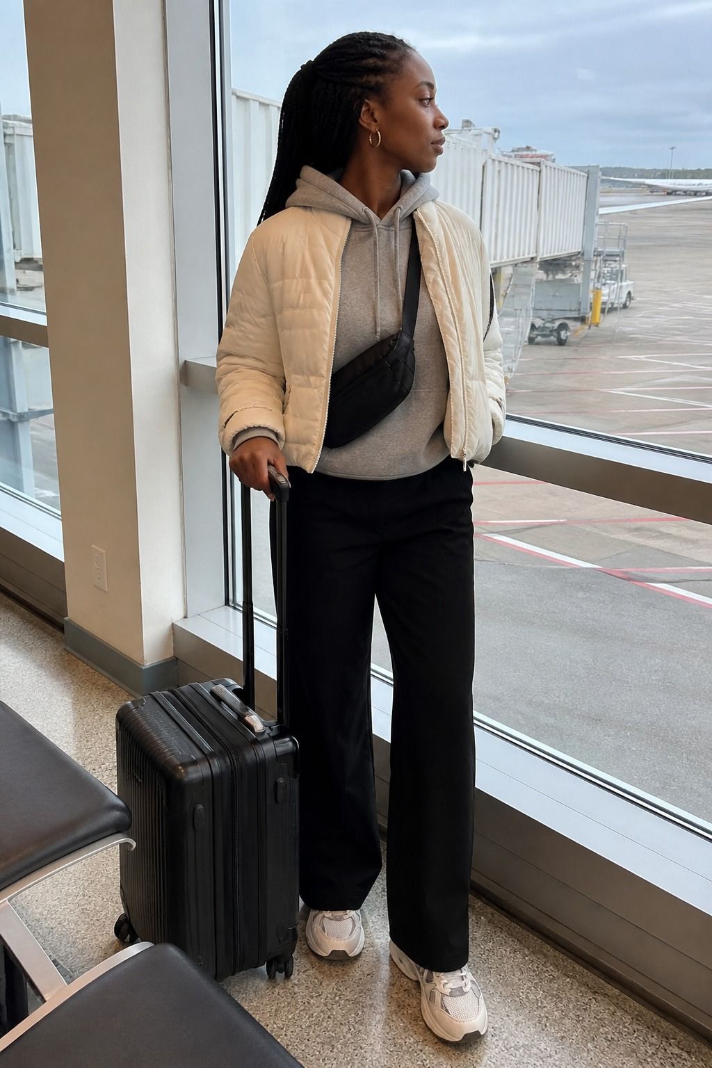Woman wearing packable puffer with a hoodie and straight leg pants for a spring travel outfit