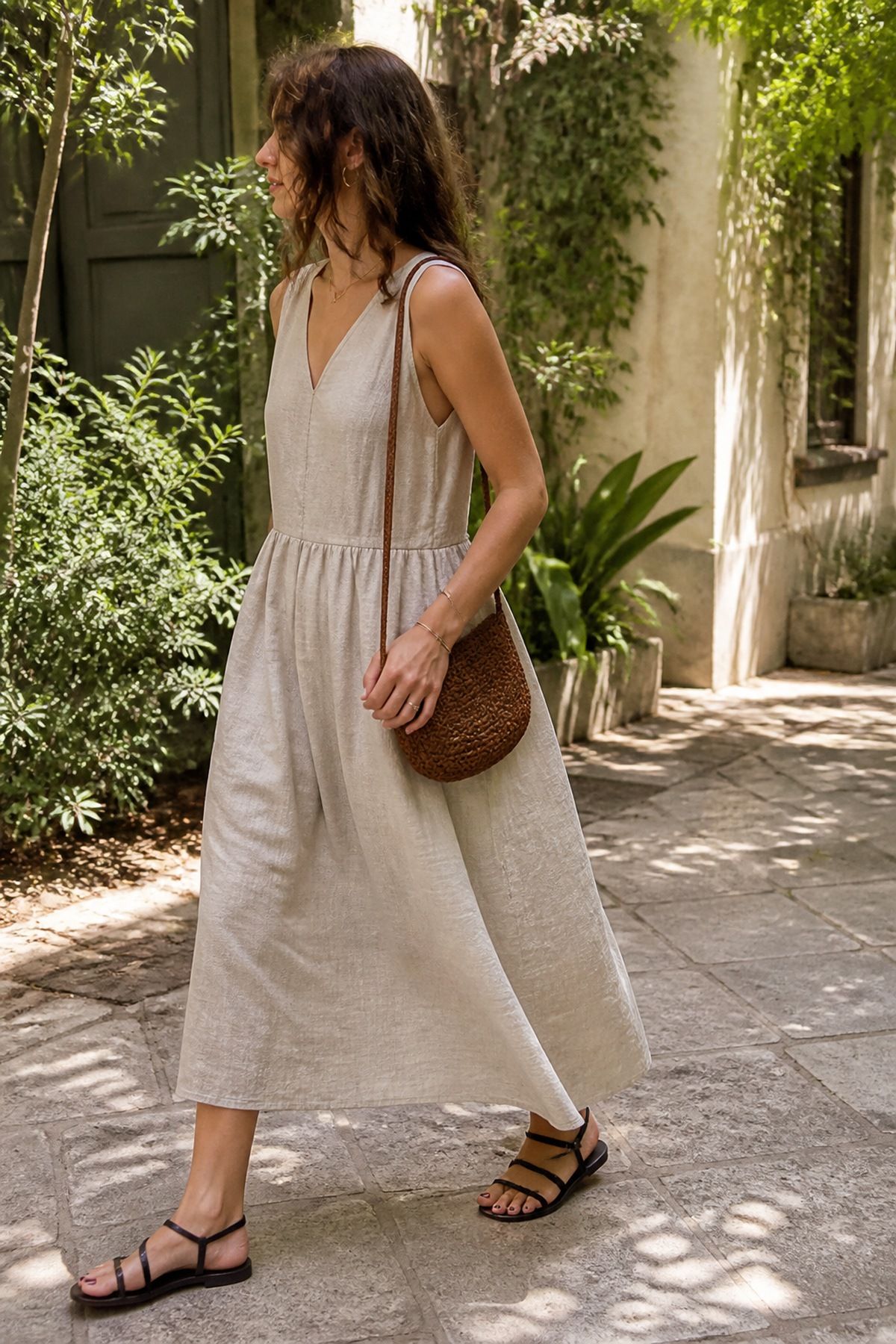 Woman wearing a linen midi dress with flat sandals, a Target outfit