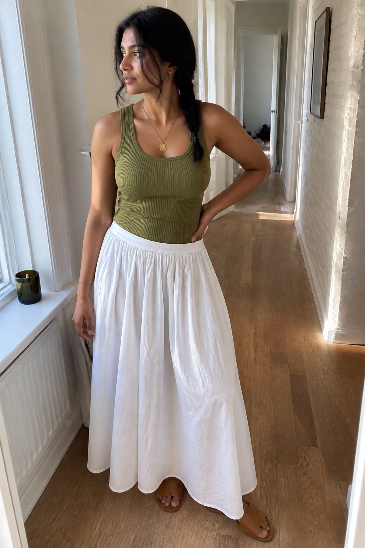 Woman wearing a ribbed tank with a poplin maxi skirt, a Target outfit