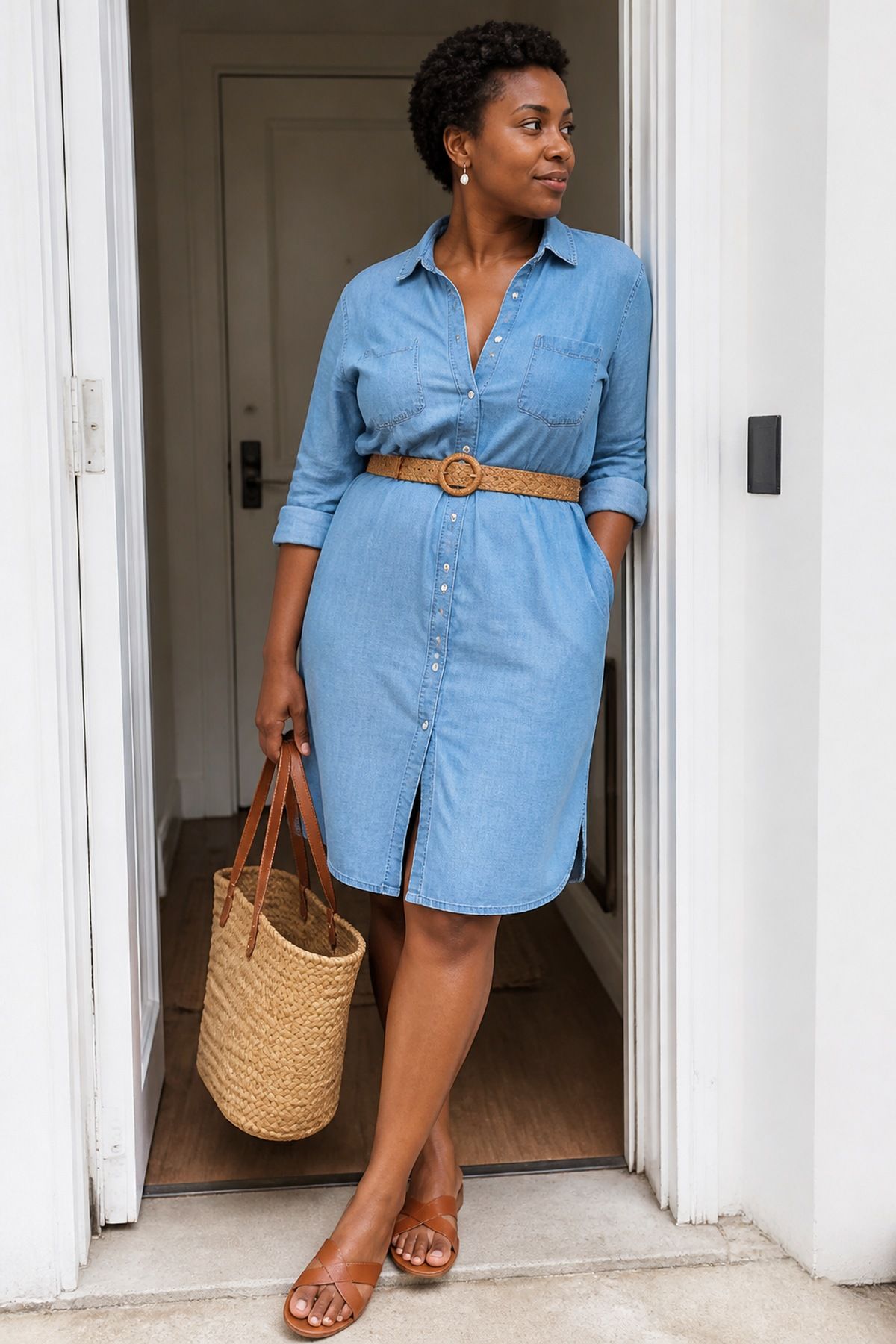 Woman wearing a chambray dress with woven accessories, a Target outfit