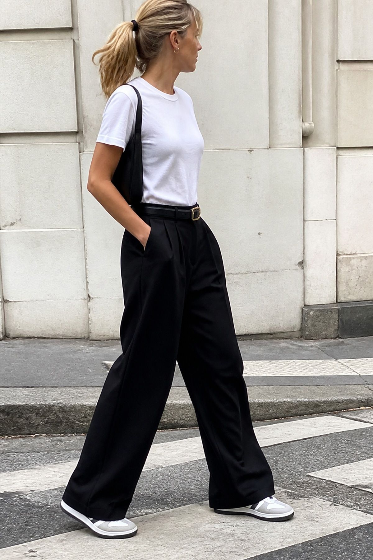 Woman wearing a white tee with wide-leg trousers, a Target outfit