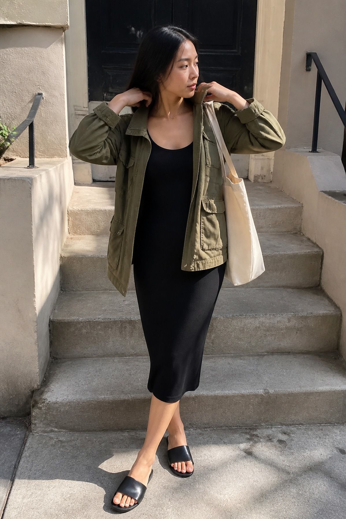 Woman wearing an utility jacket with a black tank dress, a Target outfit