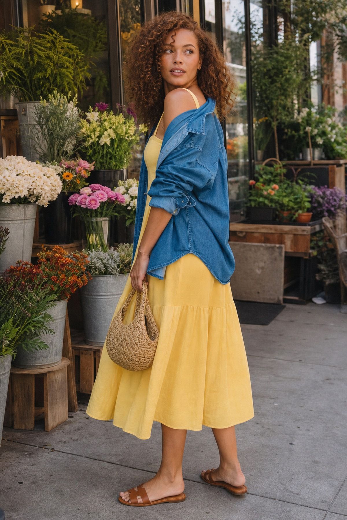Woman wearing a cotton sundress with a denim shirt, a Target outfit