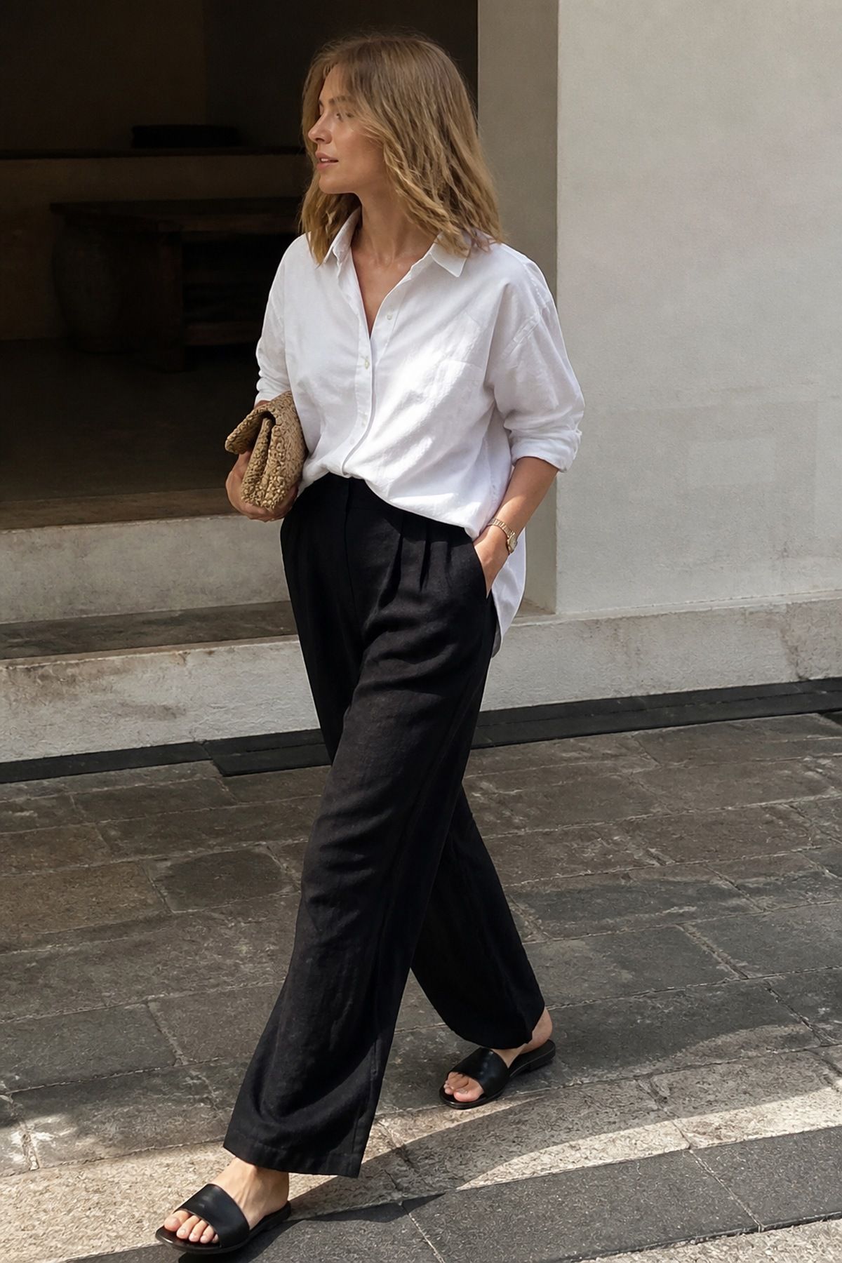 Woman wearing black linen pants with a white poplin shirt, a Target outfit