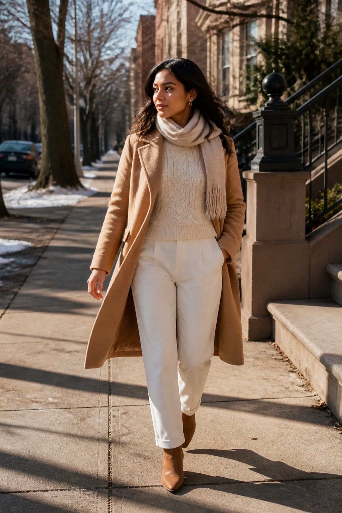 Woman wearing cream knits with camel coats, a winter family photo outfit