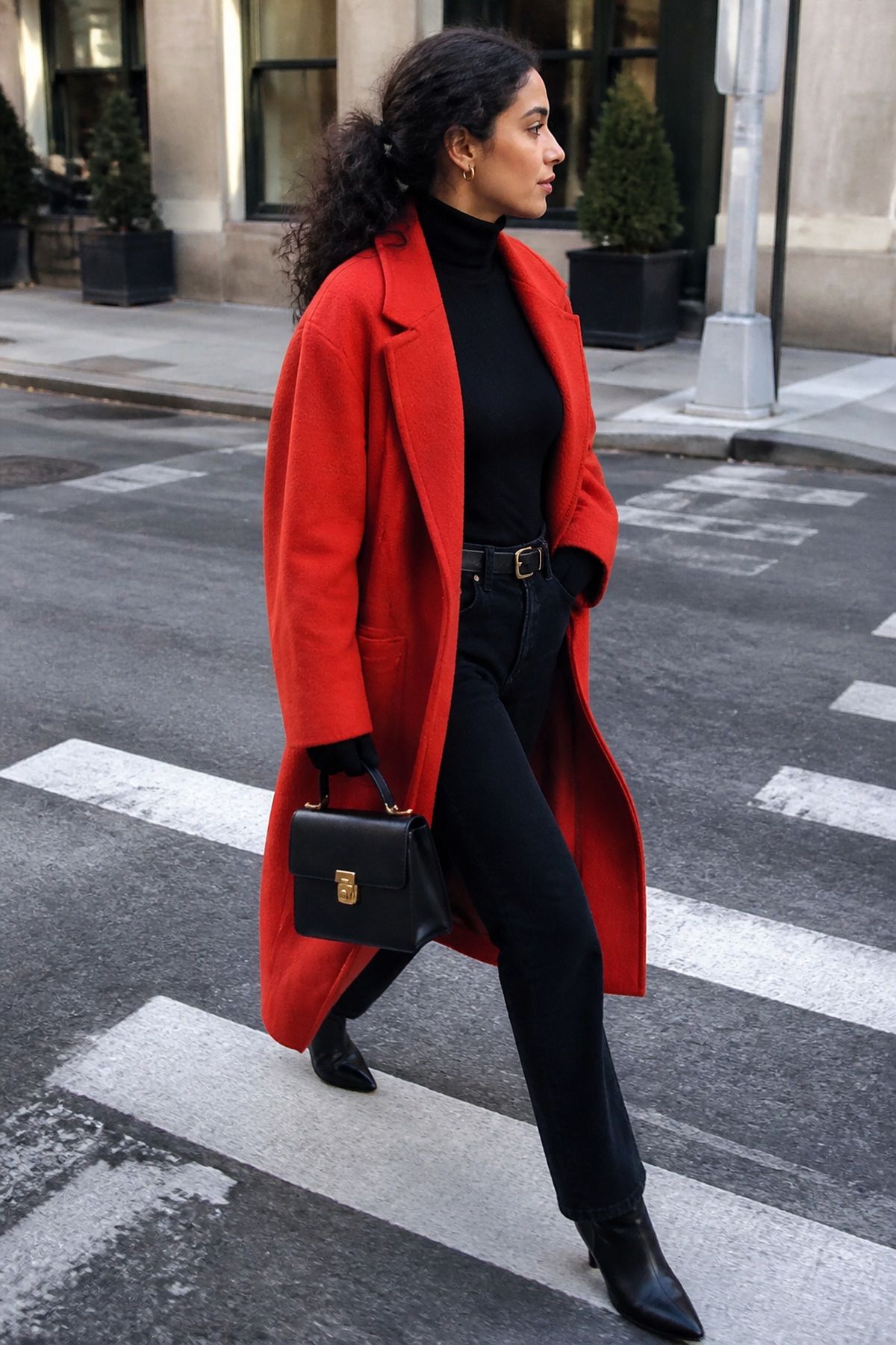 Woman wearing black turtlenecks with statement coats, a winter family photo outfit