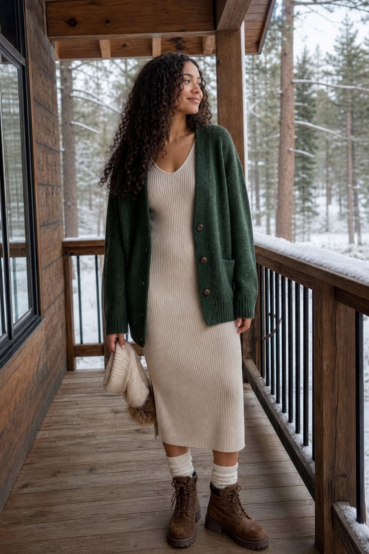 Woman wearing a forest green and oatmeal cabin outfits, a winter family photo outfit