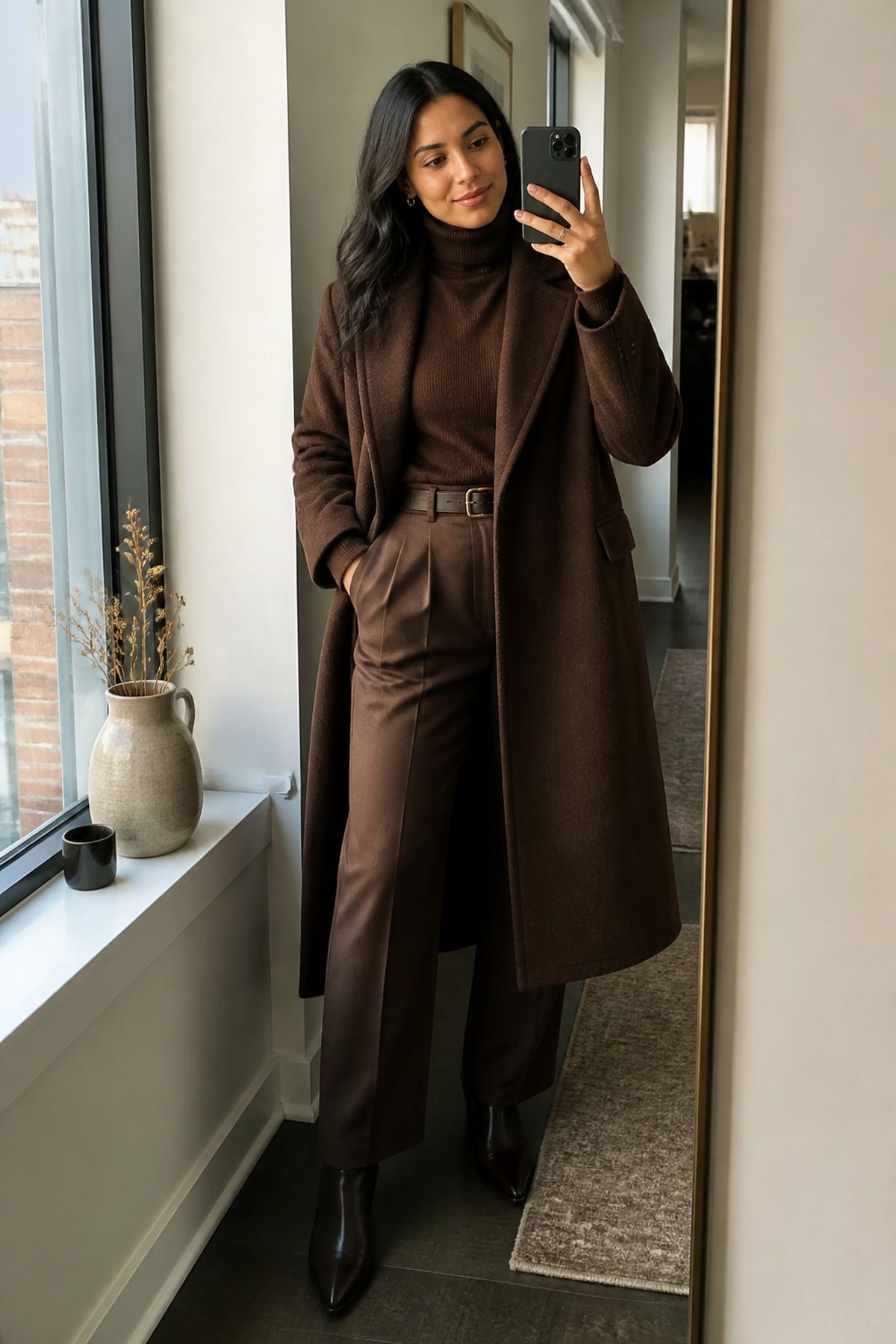 Woman wearing a chocolate brown monochrome family look, a winter family photo outfit