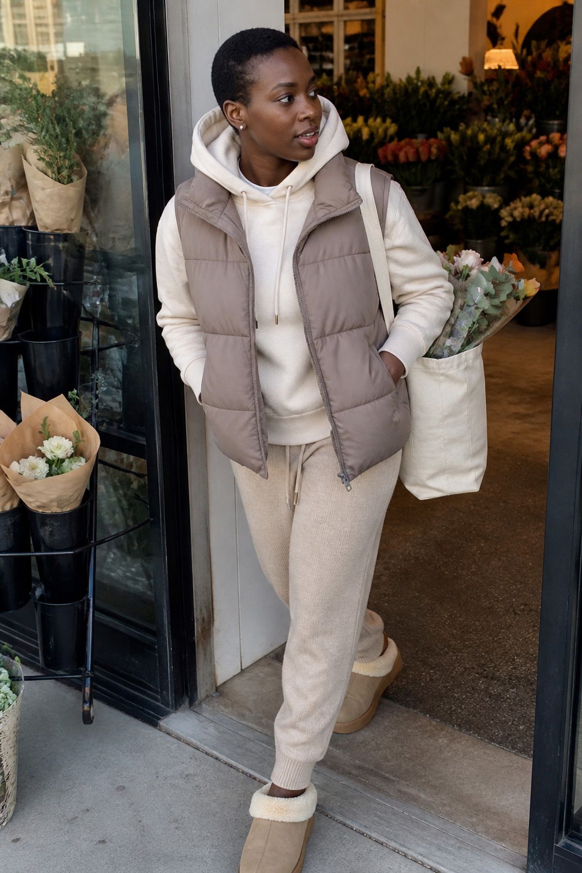 Woman wearing puffer vests with cozy neutral basics, a winter family photo outfit