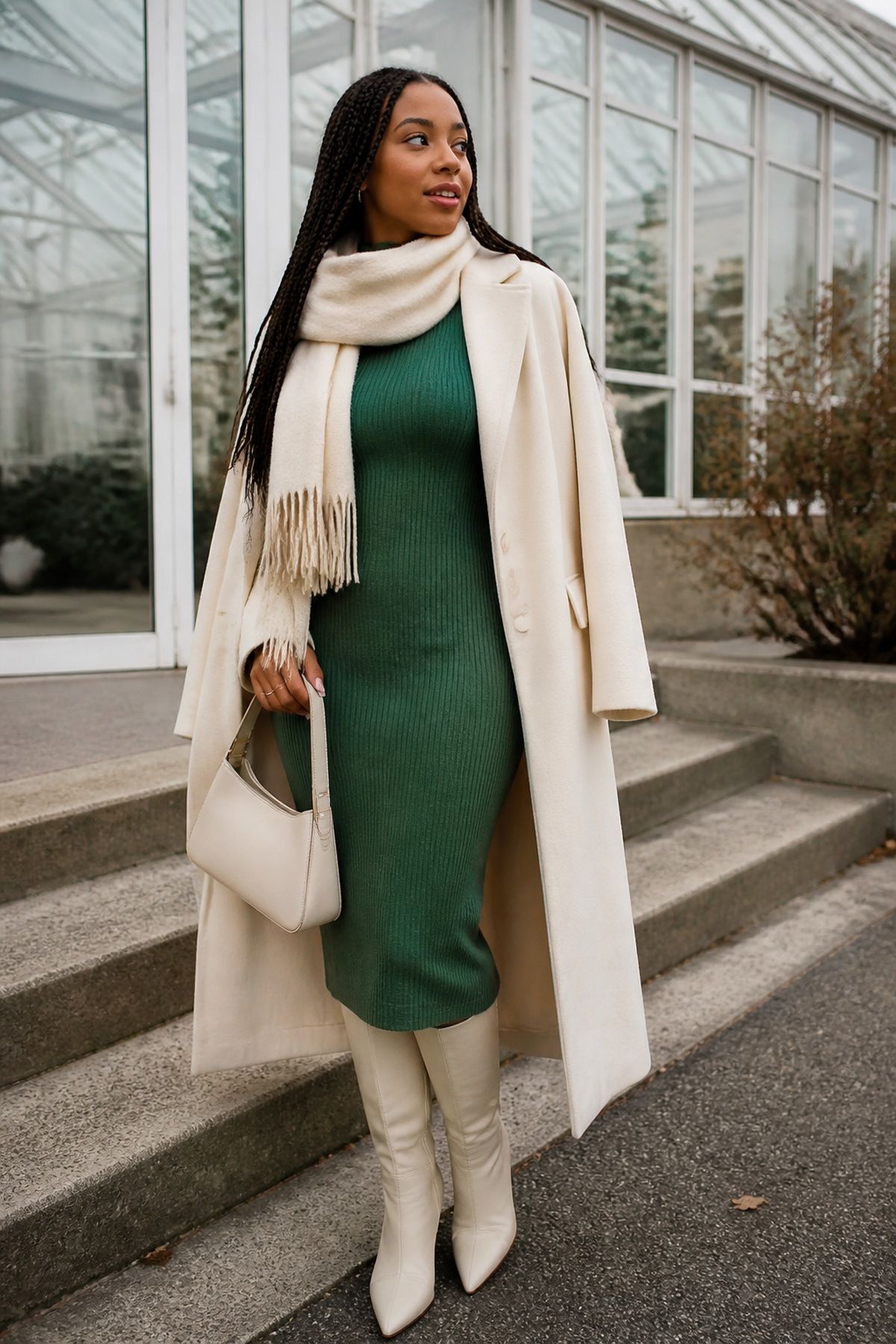Woman wearing a jade green dress with cream accessories, a winter family photo outfit