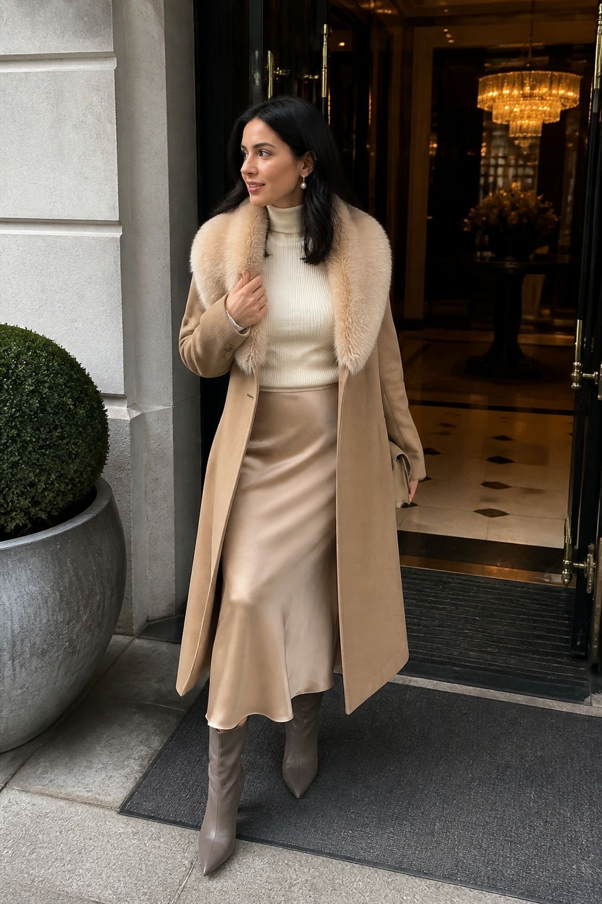 Woman wearing faux fur collar coats and satin skirts, a winter family photo outfit
