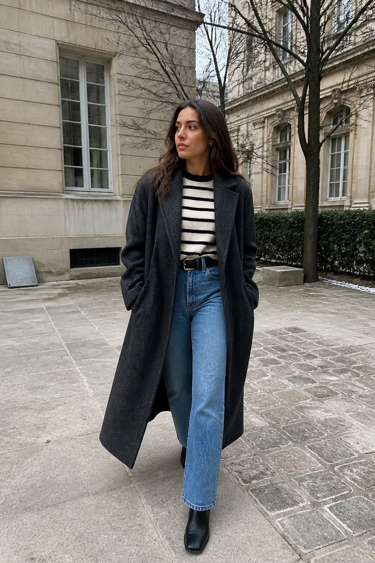Woman wearing long wool coats with straight-leg jeans, a winter family photo outfit