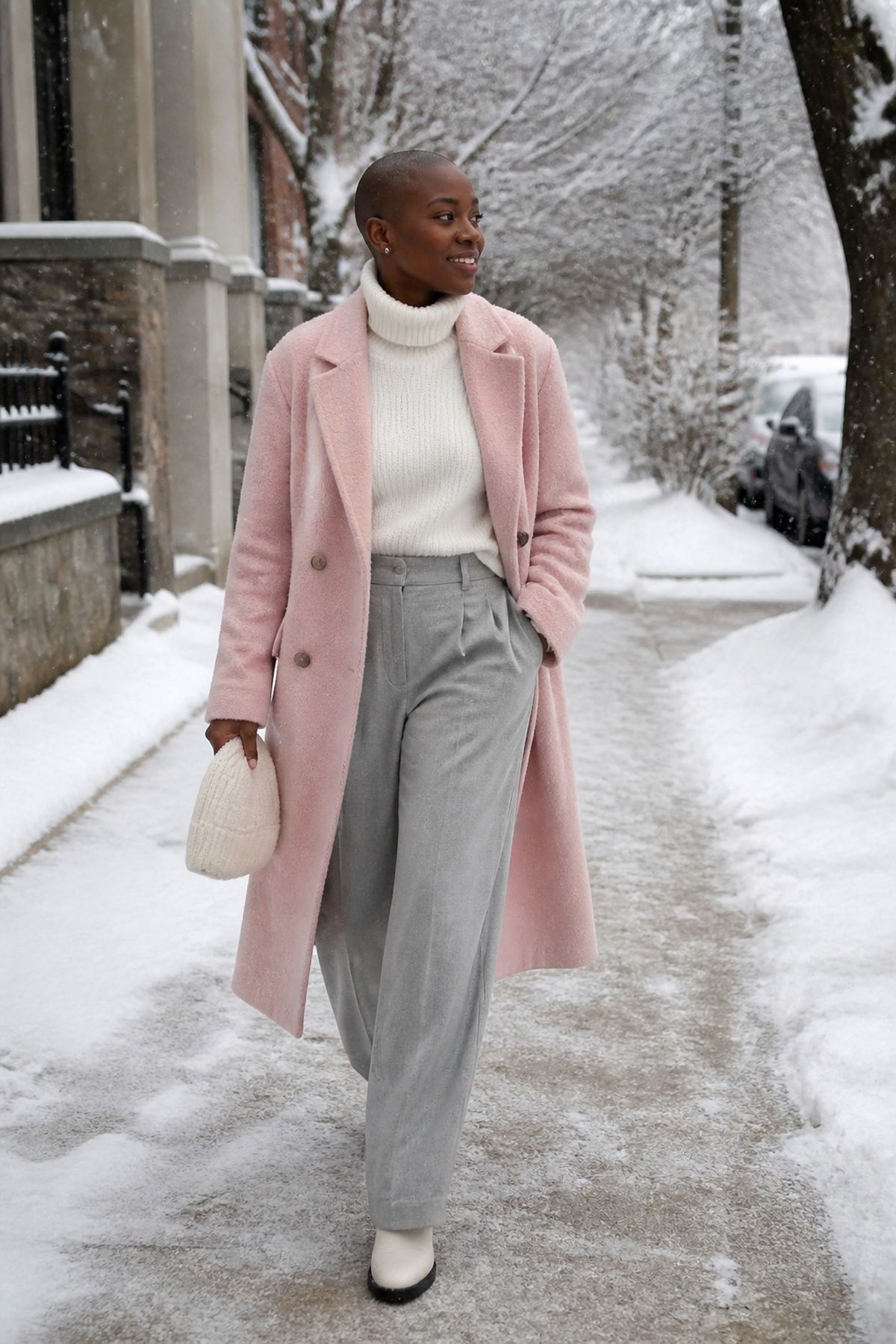 Woman wearing a soft pink, ivory, and gray snow-day outfits, a winter family photo outfit