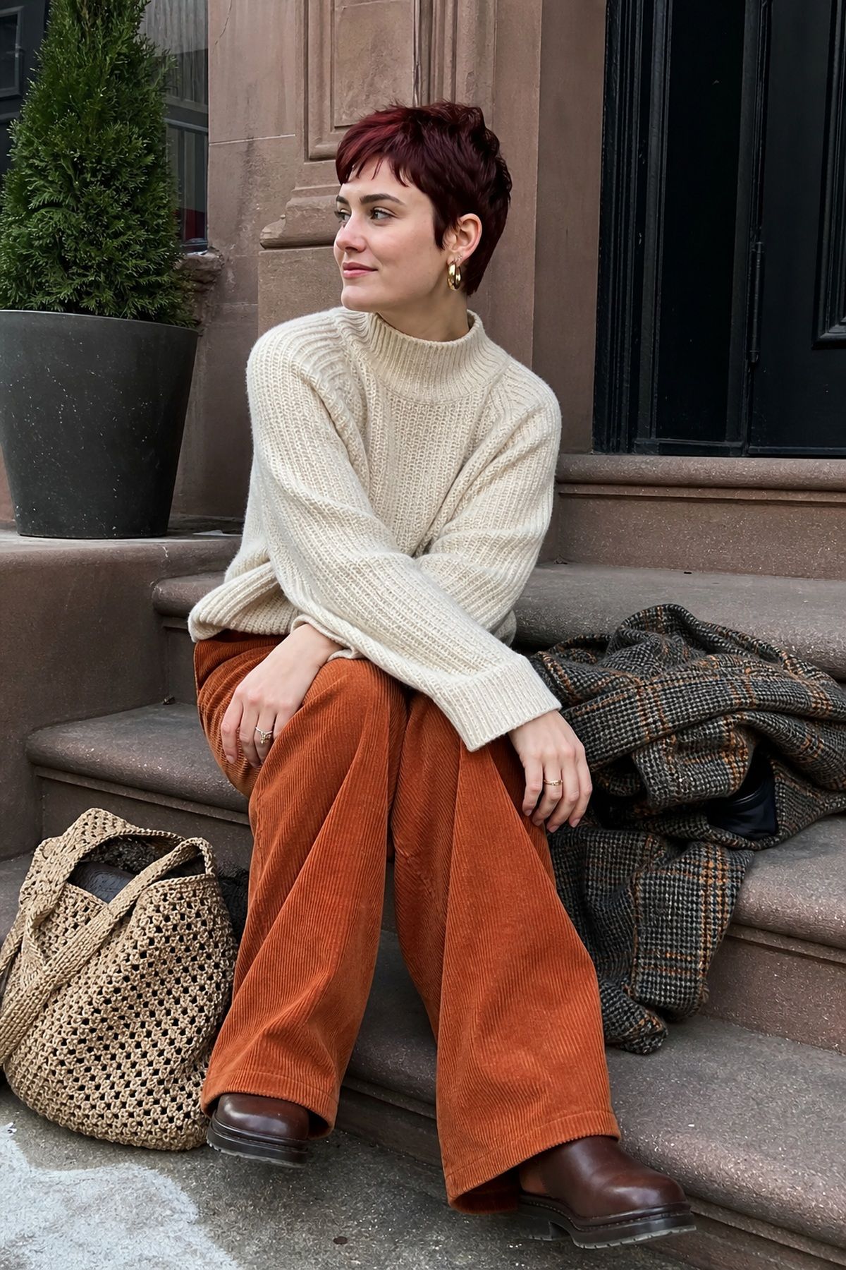 Woman wearing corduroy pants with chunky sweaters, a winter family photo outfit
