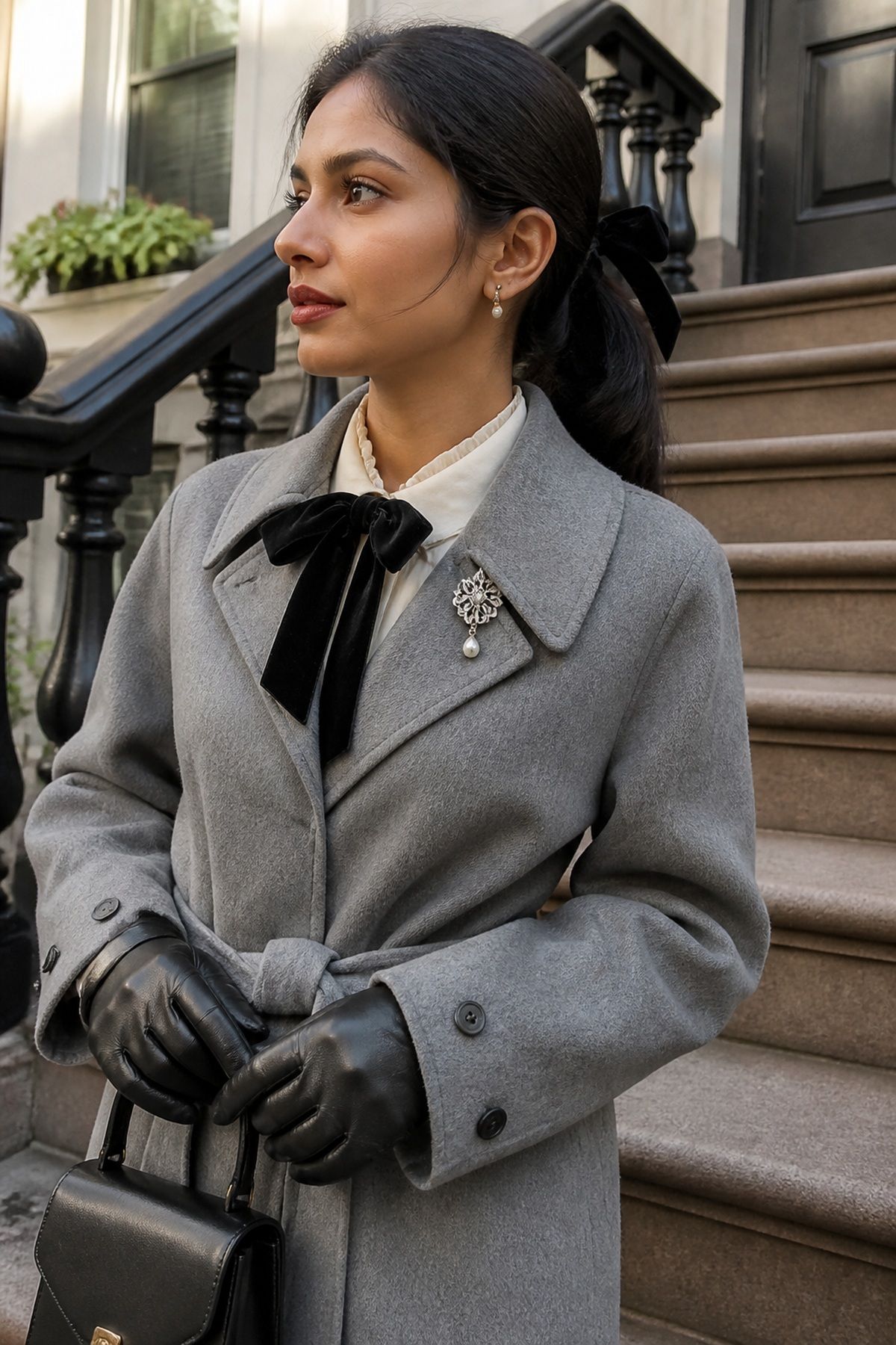 Woman wearing brooches, bows, and polished coat details, a winter family photo outfit