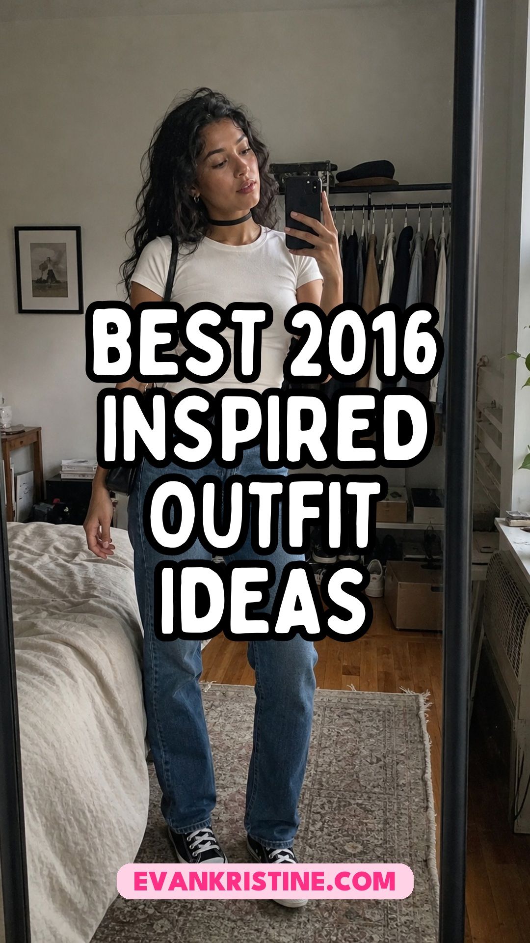 2016 inspired outfits pin with a mirror selfie of a woman in a black choker, white baby tee, straight jeans and black canvas sneakers