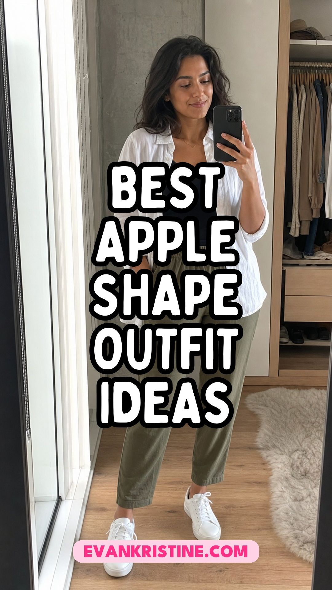 Collage of apple shape outfit ideas with open shirts, soft blazers and column dresses