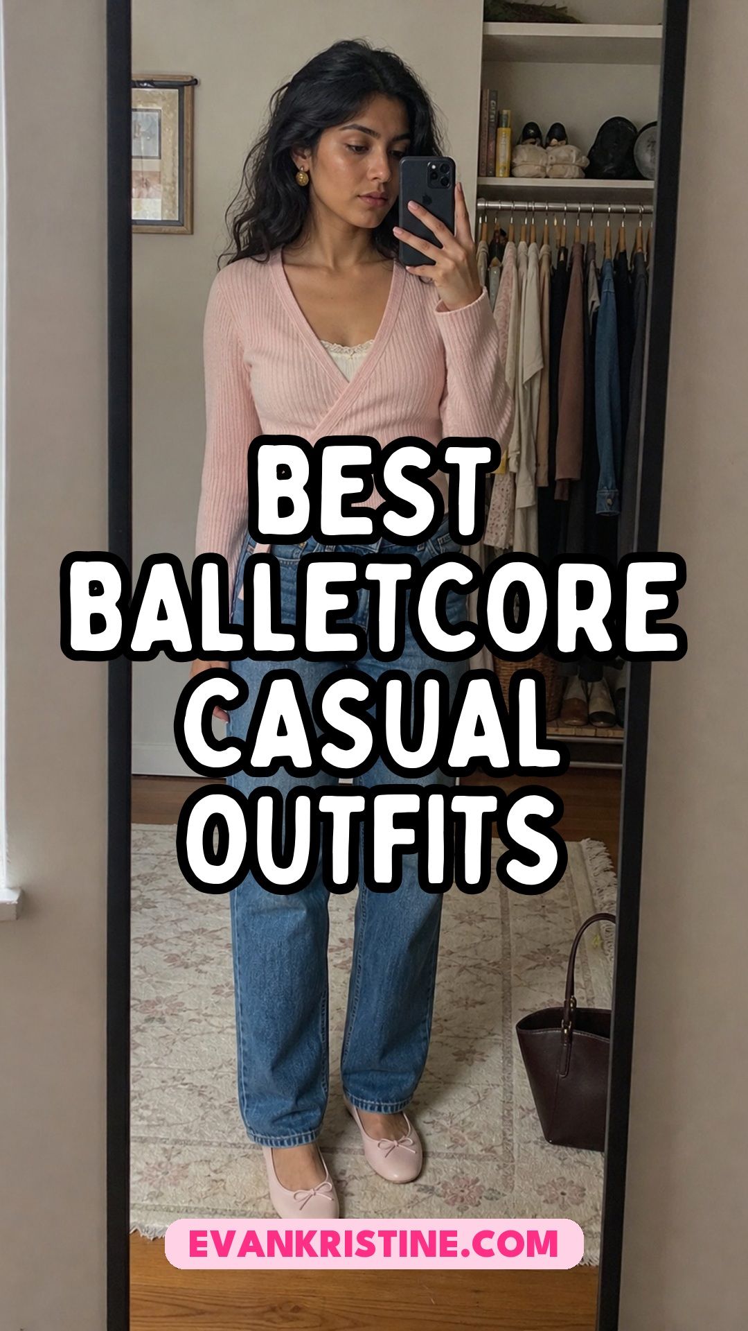 Balletcore casual outfits with ballet flats, wrap knits and soft pink