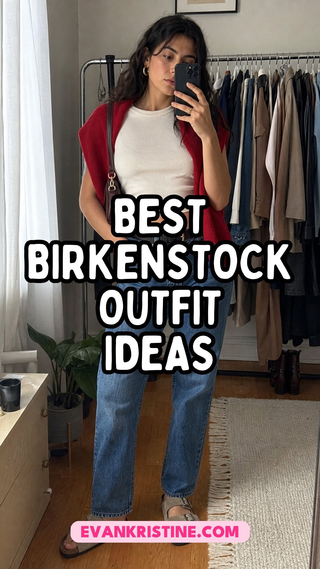 Collage of Birkenstock outfit ideas with jeans, skirts and dresses