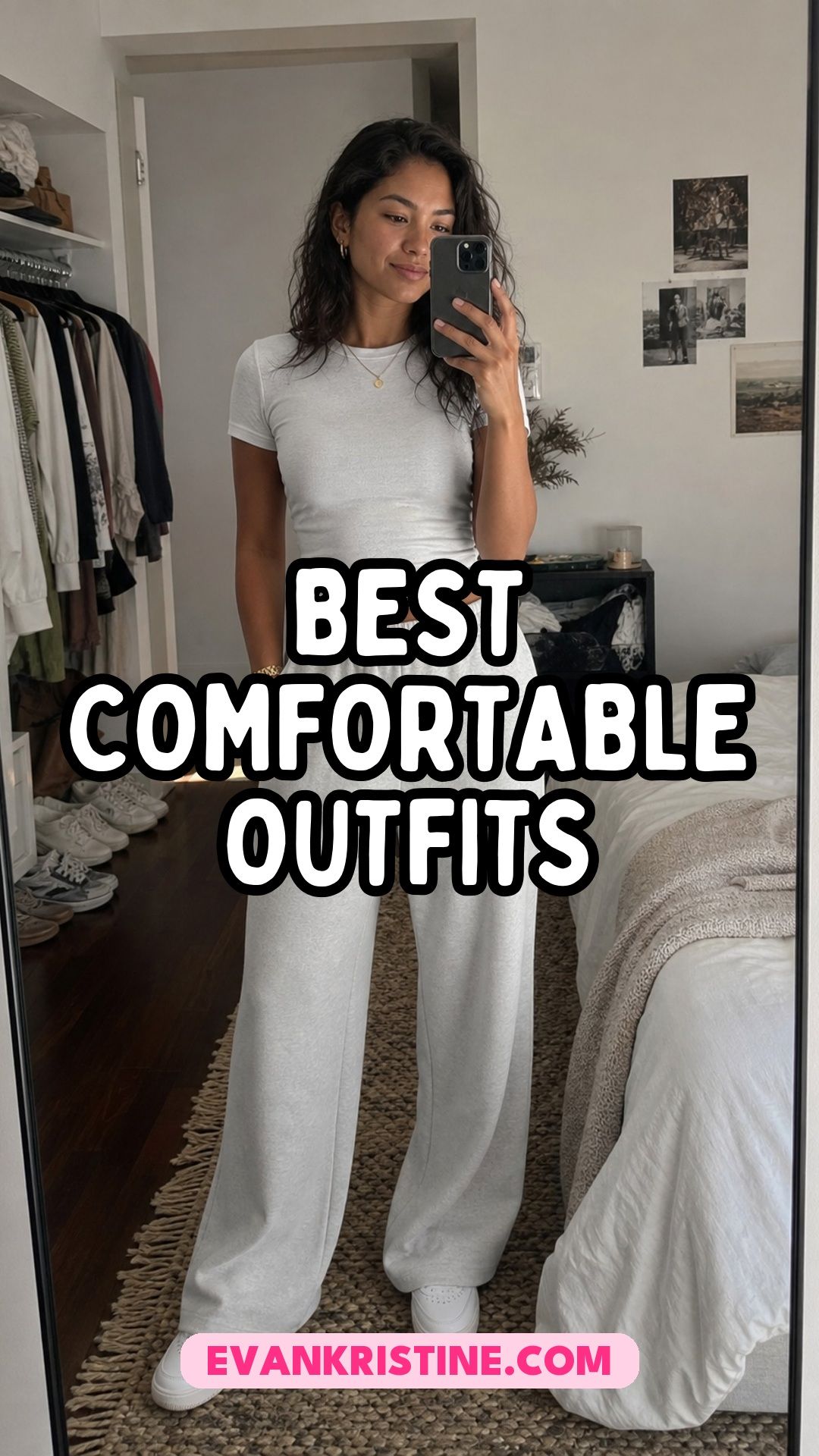 Collage of comfortable outfits that still look cute, including wide-leg pants, a waffle set and a knit set
