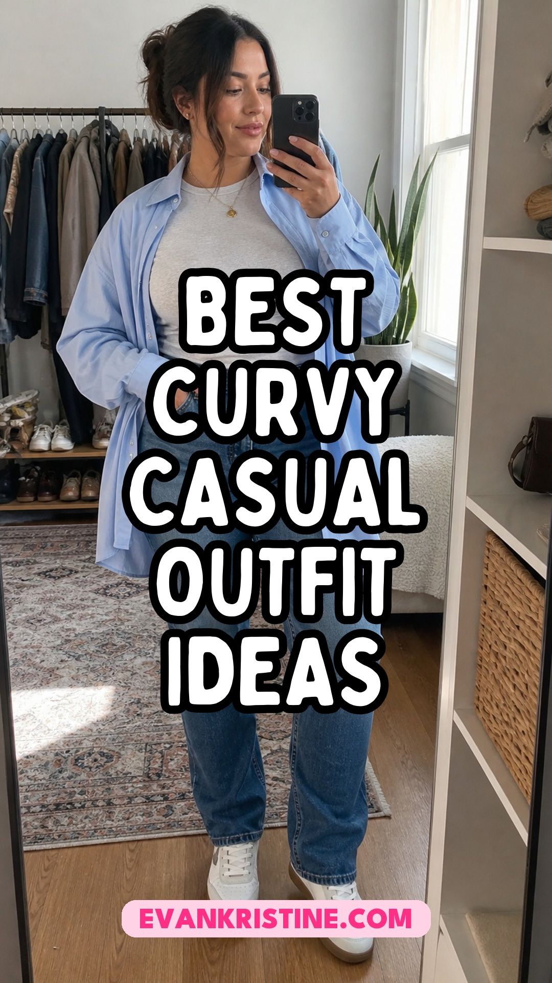 Collage of curvy casual outfit ideas with curve-fit jeans, ribbed dresses and wrap tops