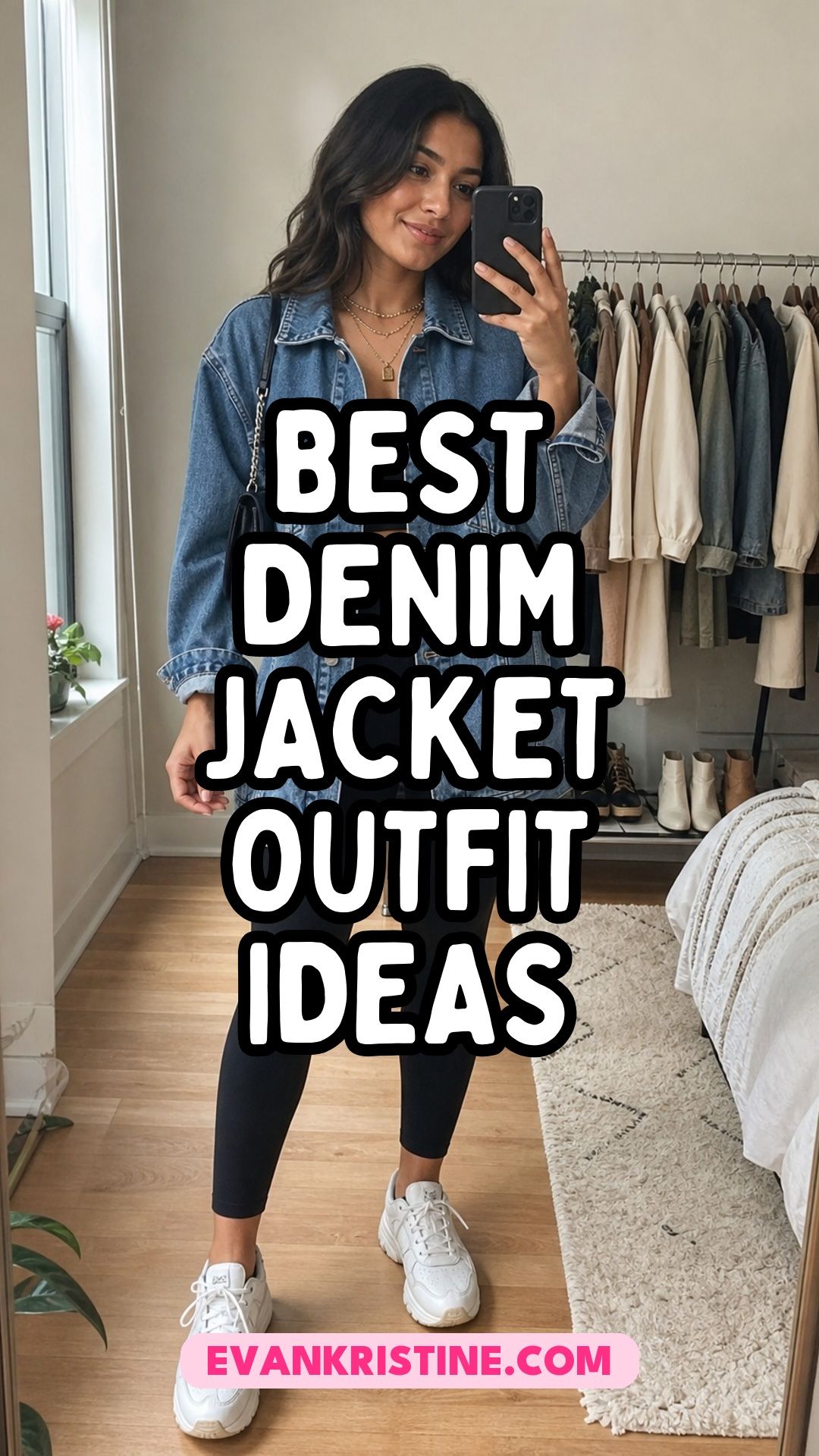 Collage of denim jacket outfits with dresses, trousers and jeans