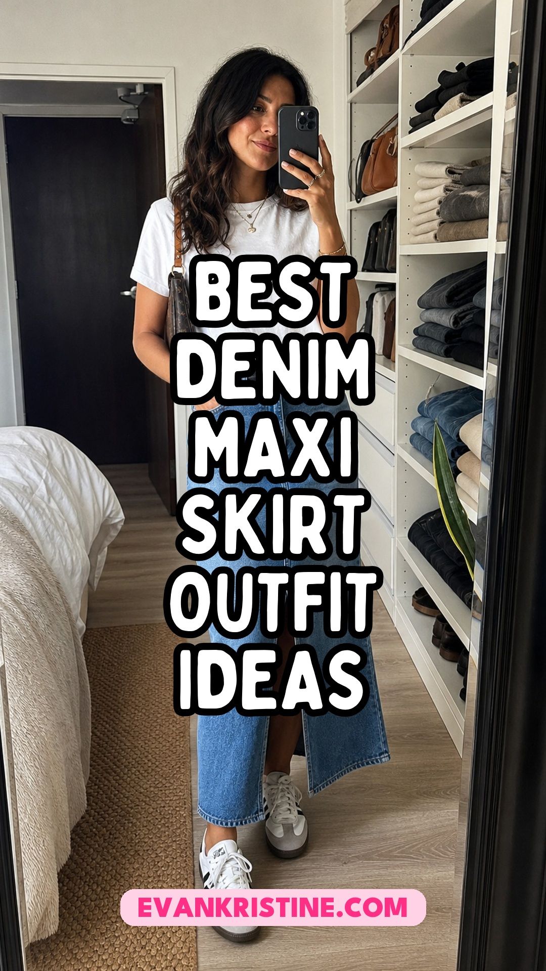 Denim maxi skirt outfit ideas for casual everyday wear