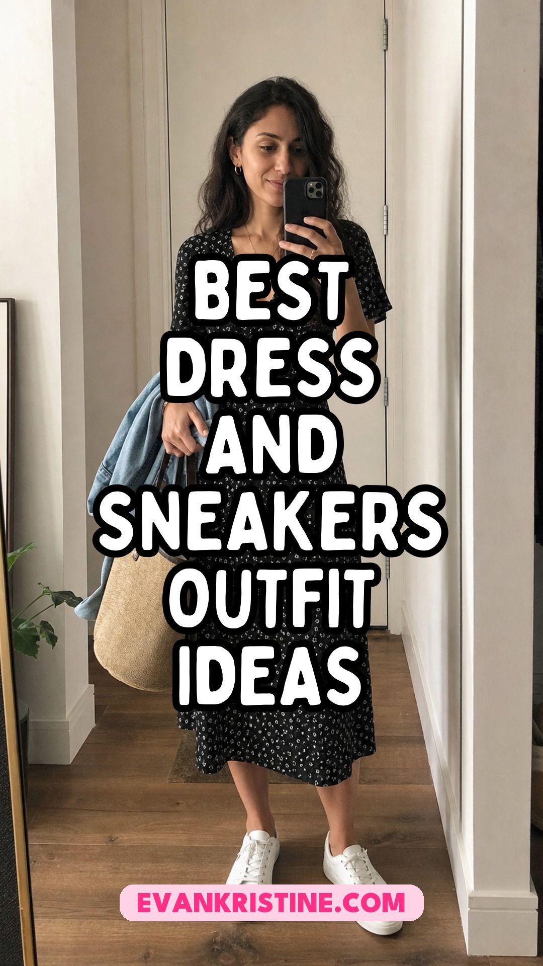Collage of dress and sneakers outfit ideas for everyday walking